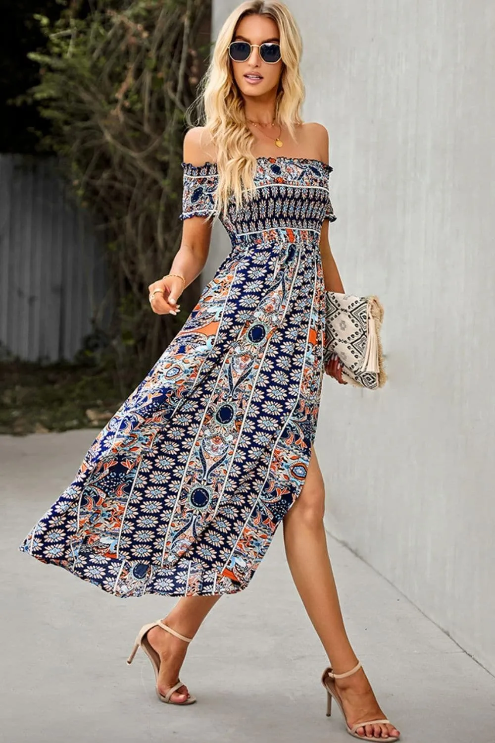 Bohemian Off-Shoulder Frill Trim Split Dress, Multiple Colors