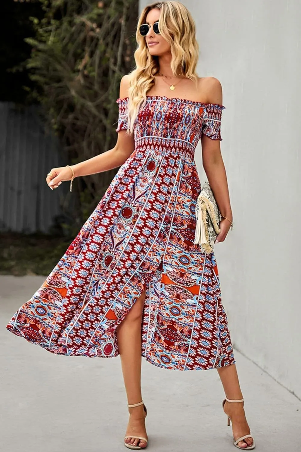 Bohemian Off-Shoulder Frill Trim Split Dress, Multiple Colors