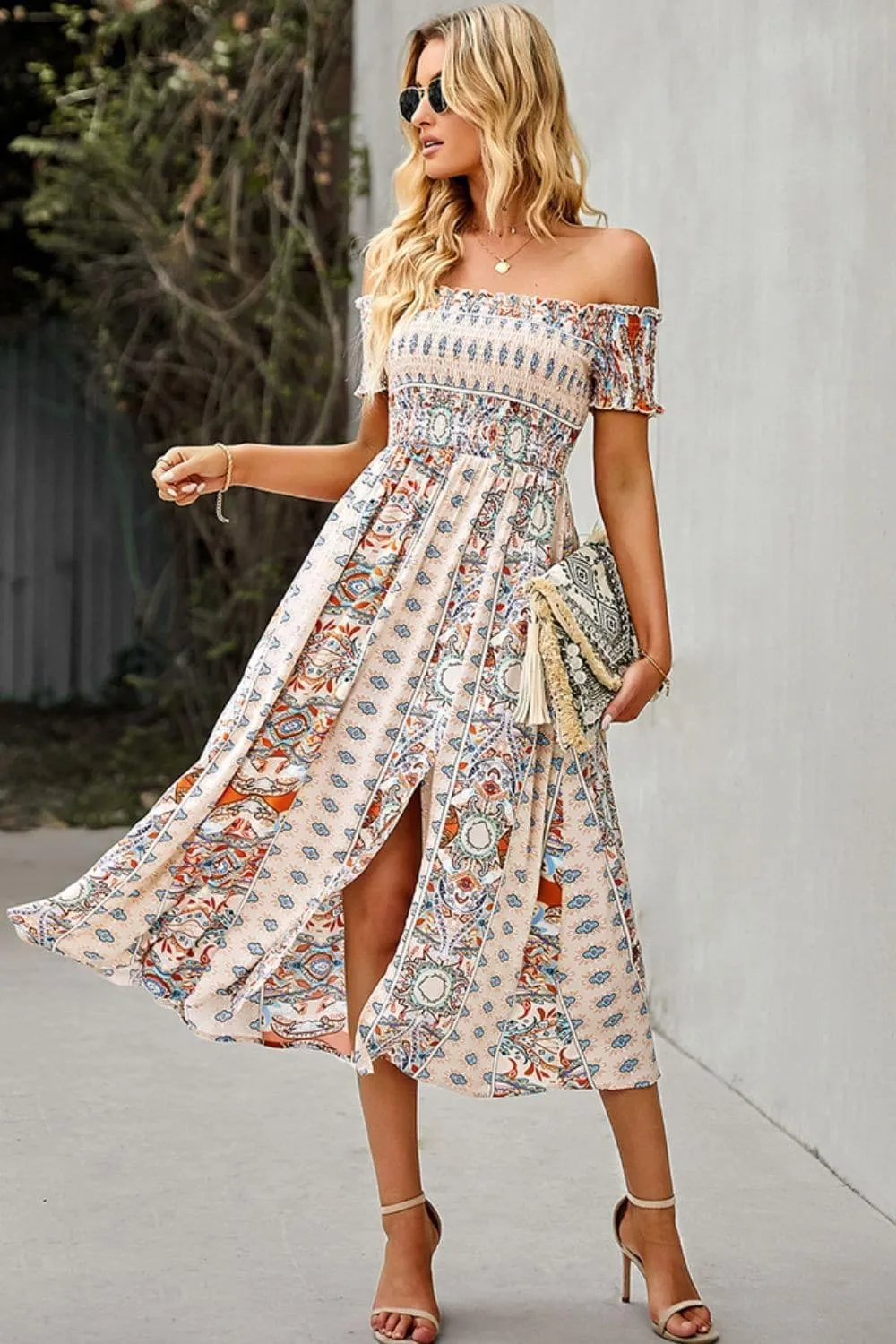 Bohemian Off-Shoulder Frill Trim Split Dress, Multiple Colors