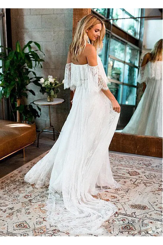 Boho Off-The-Shoulder Lace Wedding Dress With Court Train-715634