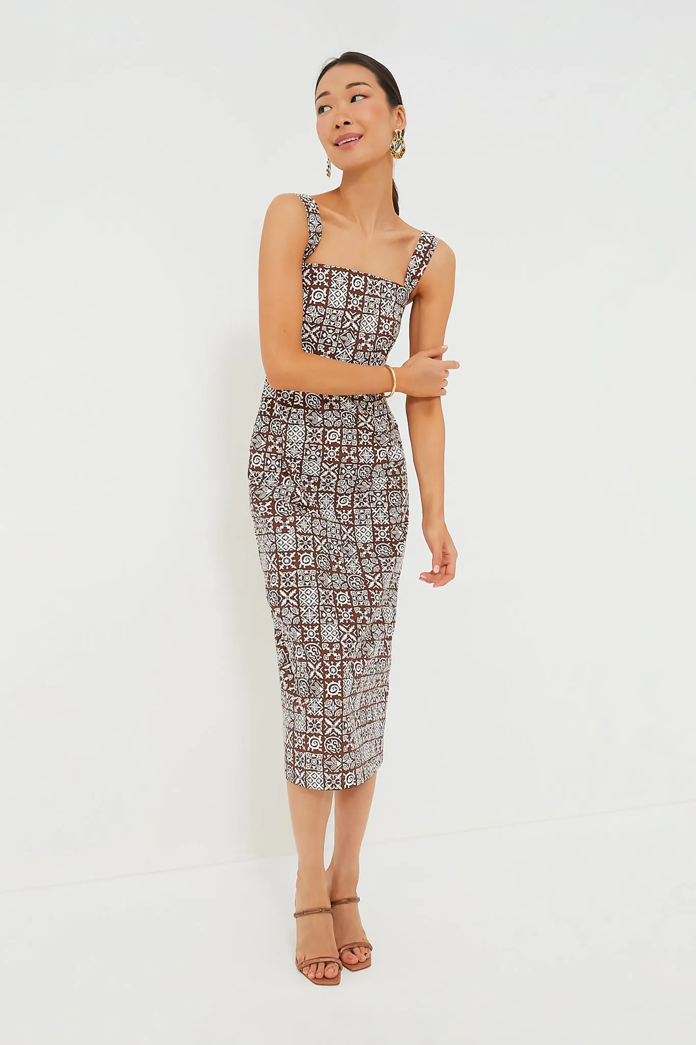 Brown with White Checkerboard Long Slip Dress