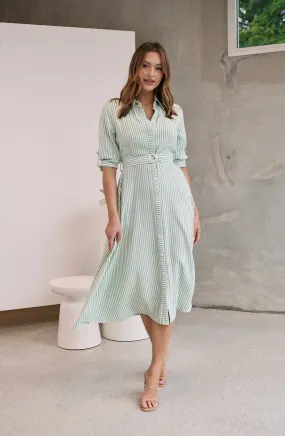 Carly White/Green Stripe Collared Tie Waist Button Midi Dress