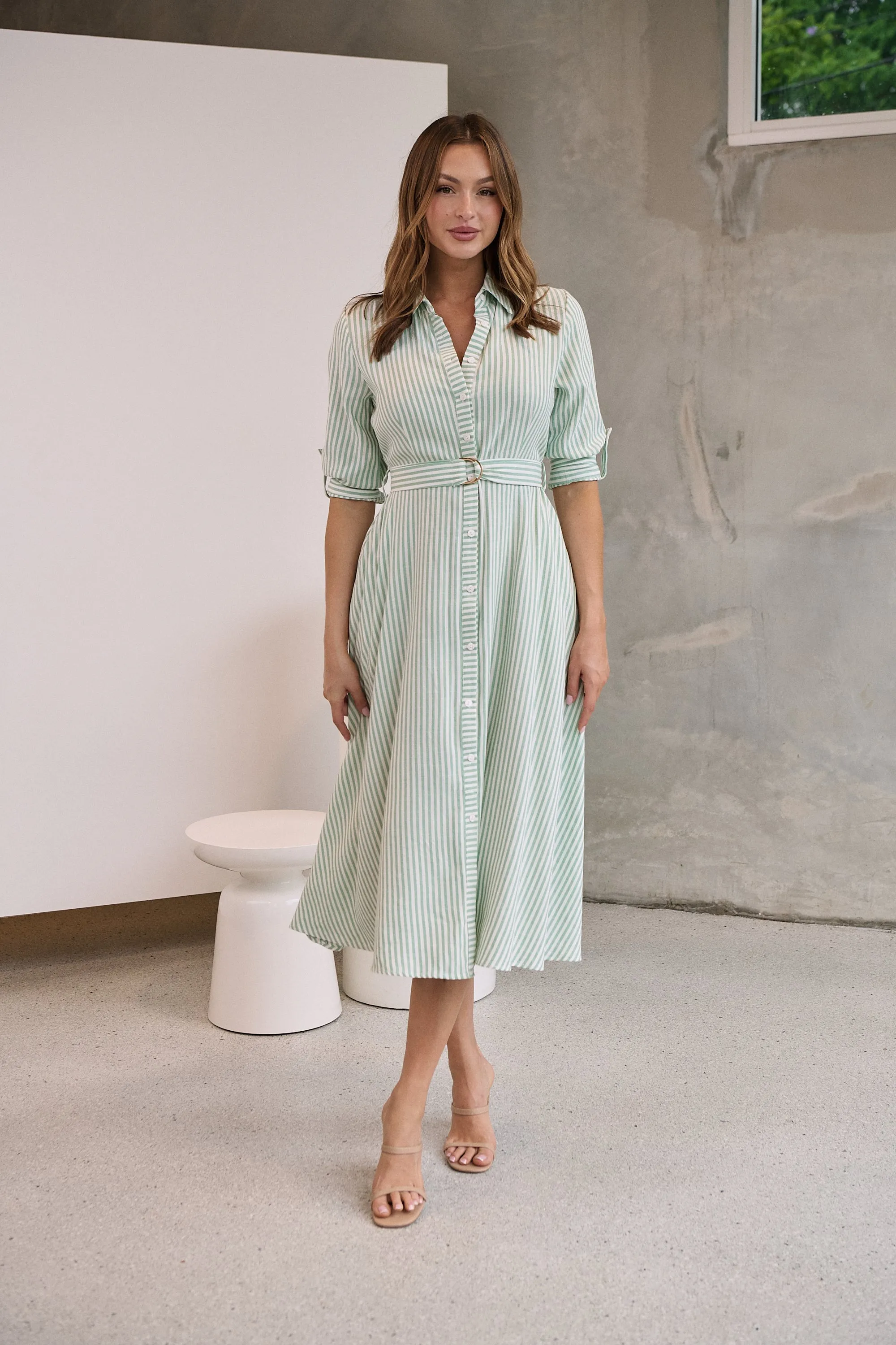 Carly White/Green Stripe Collared Tie Waist Button Midi Dress