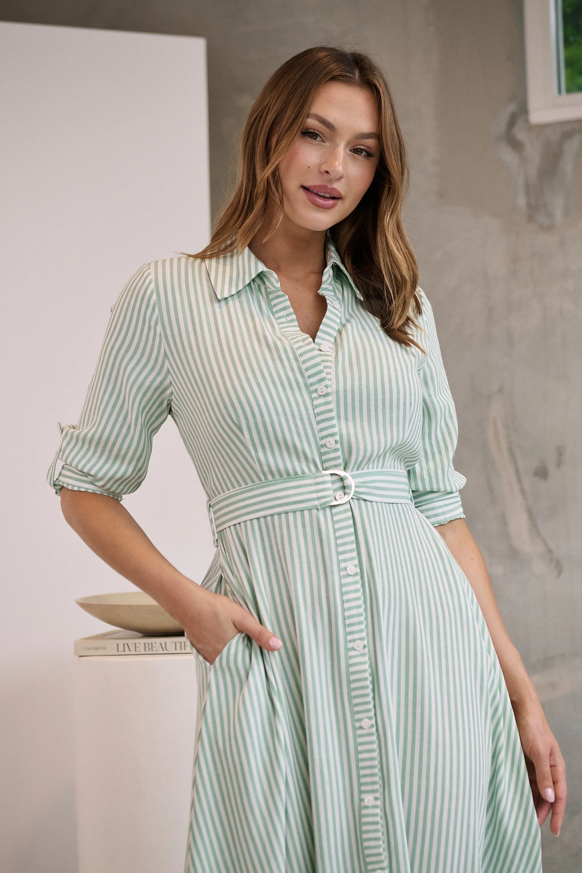 Carly White/Green Stripe Collared Tie Waist Button Midi Dress