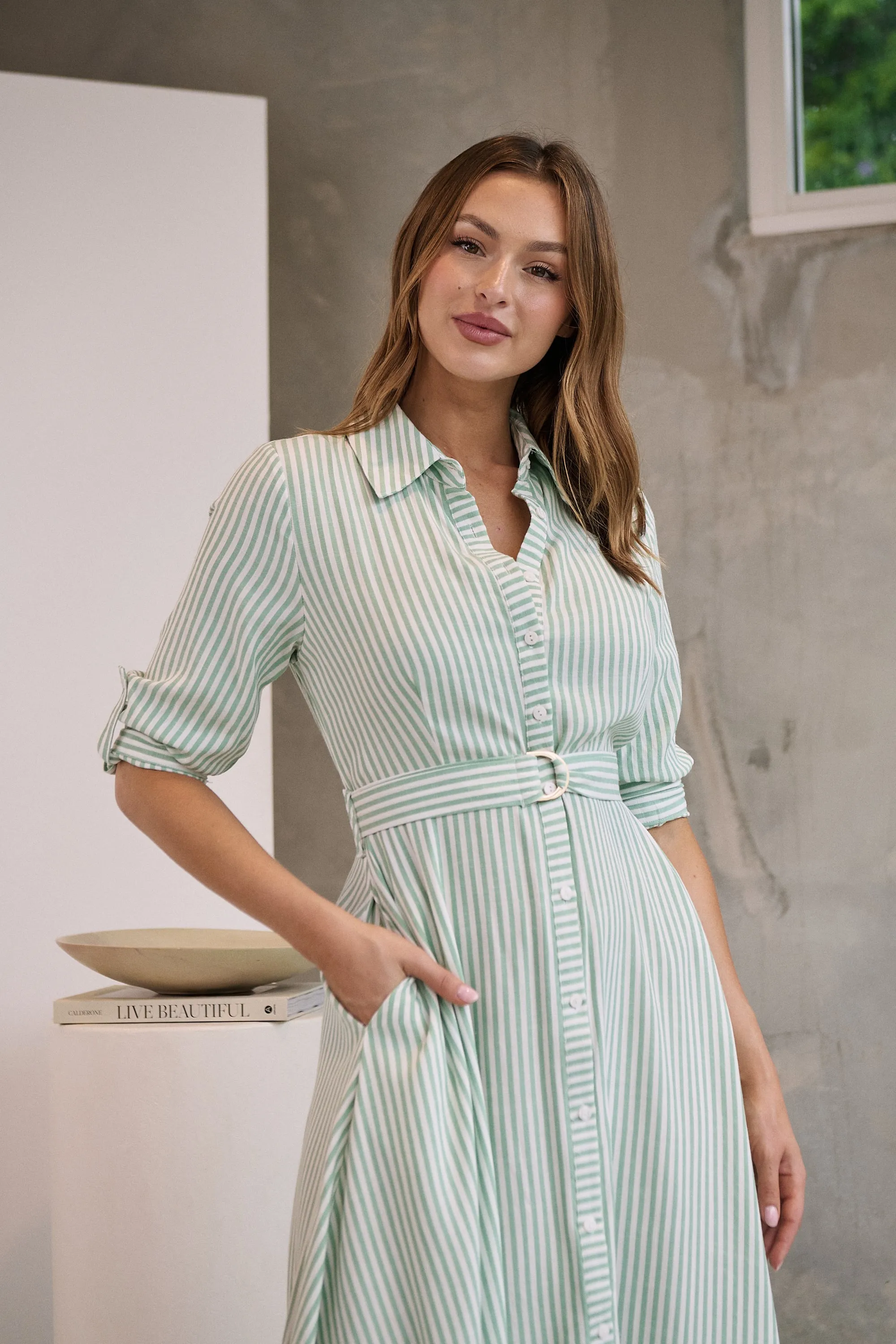 Carly White/Green Stripe Collared Tie Waist Button Midi Dress