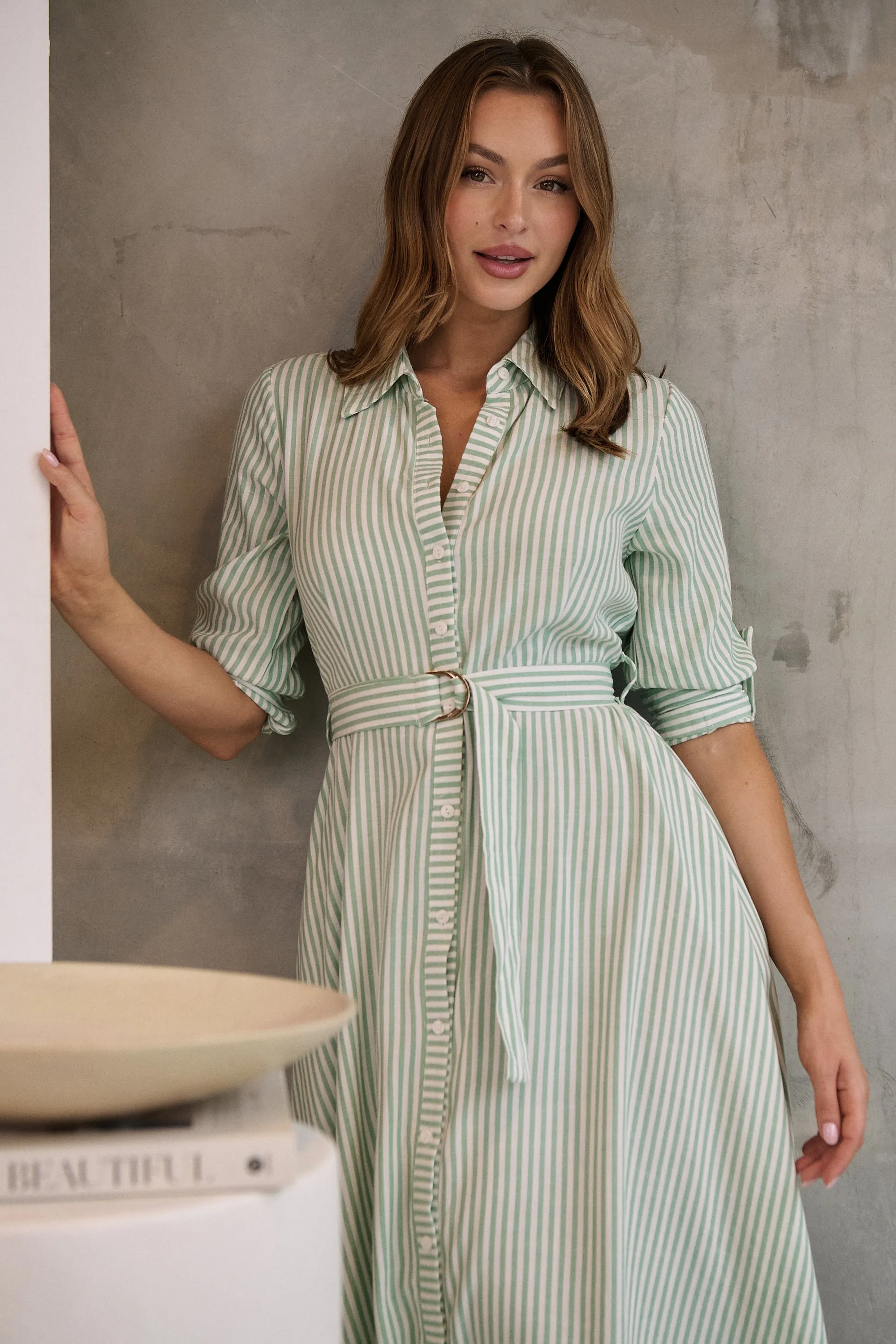 Carly White/Green Stripe Collared Tie Waist Button Midi Dress