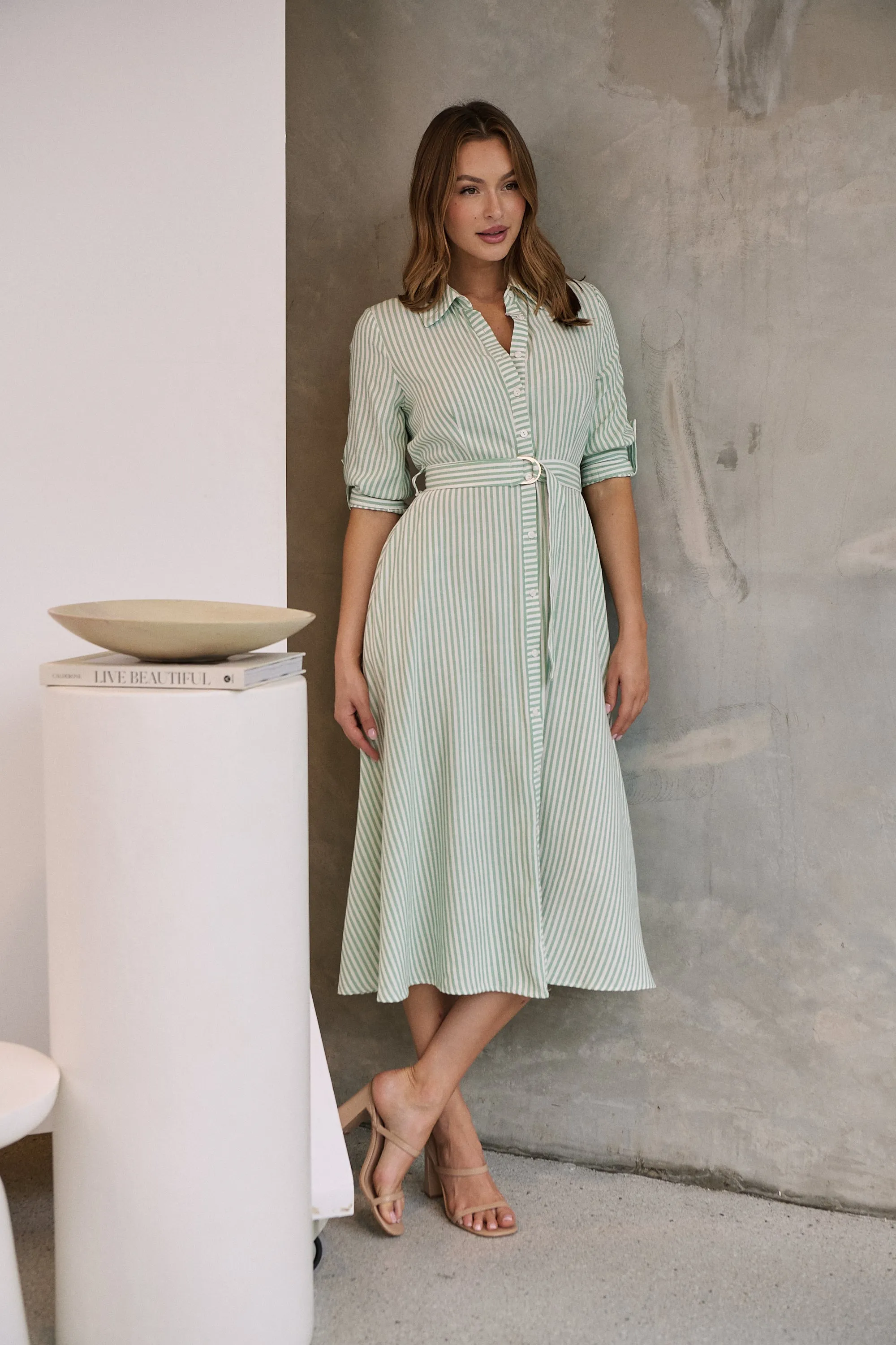 Carly White/Green Stripe Collared Tie Waist Button Midi Dress