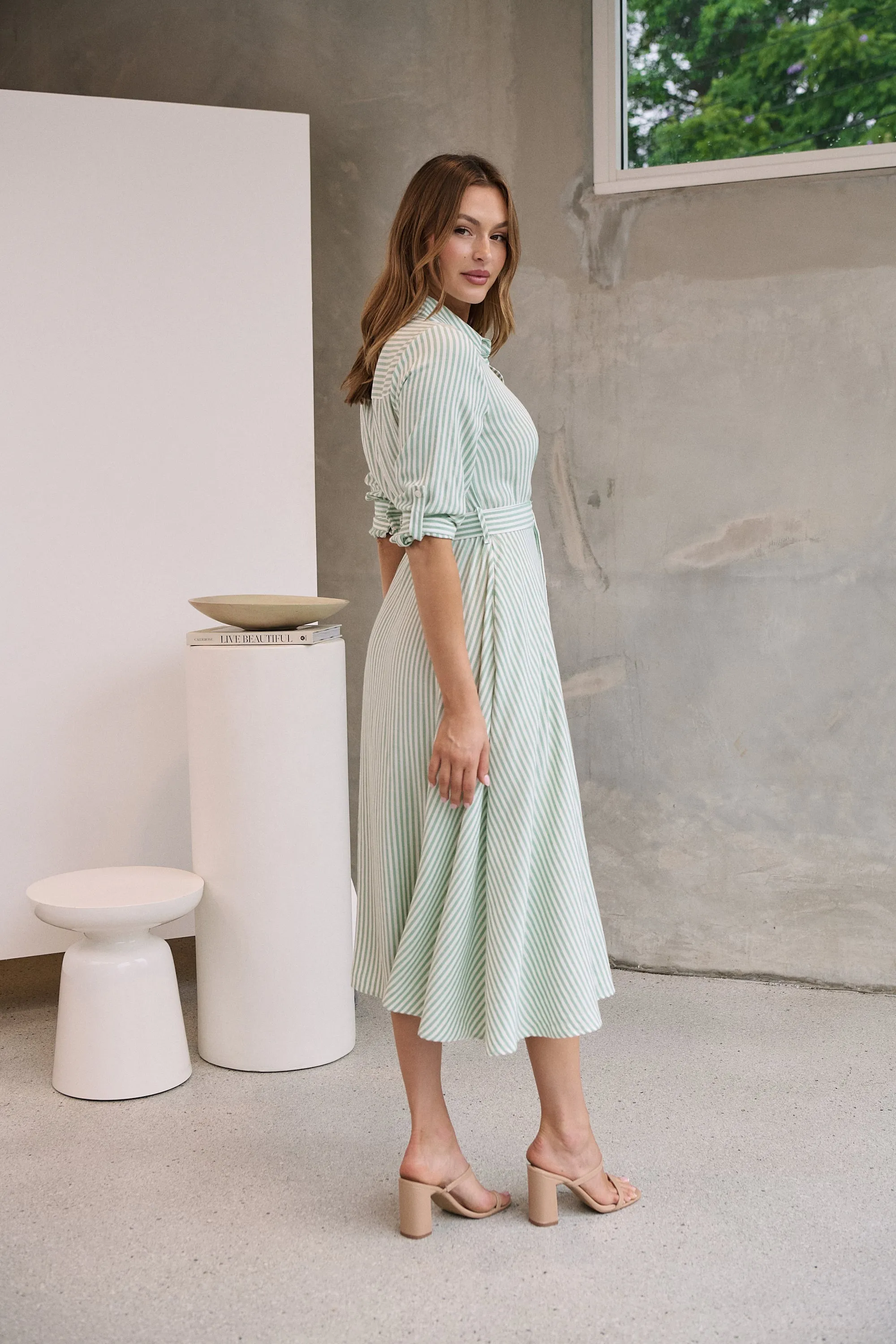 Carly White/Green Stripe Collared Tie Waist Button Midi Dress