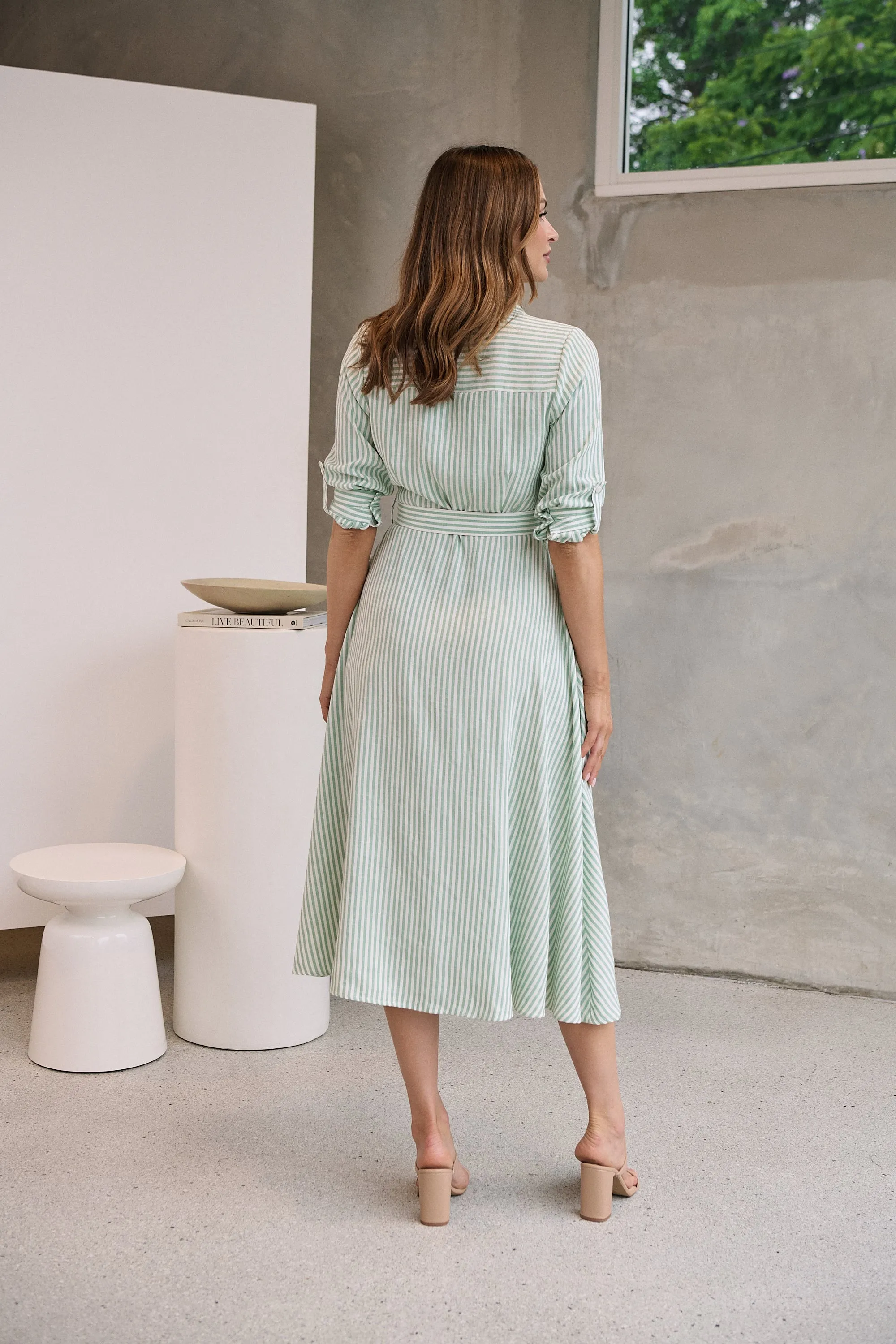 Carly White/Green Stripe Collared Tie Waist Button Midi Dress