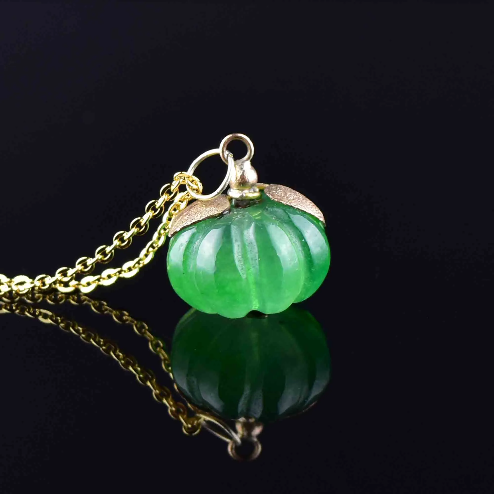 Carved Jade Pumpkin Gold Charm Necklace