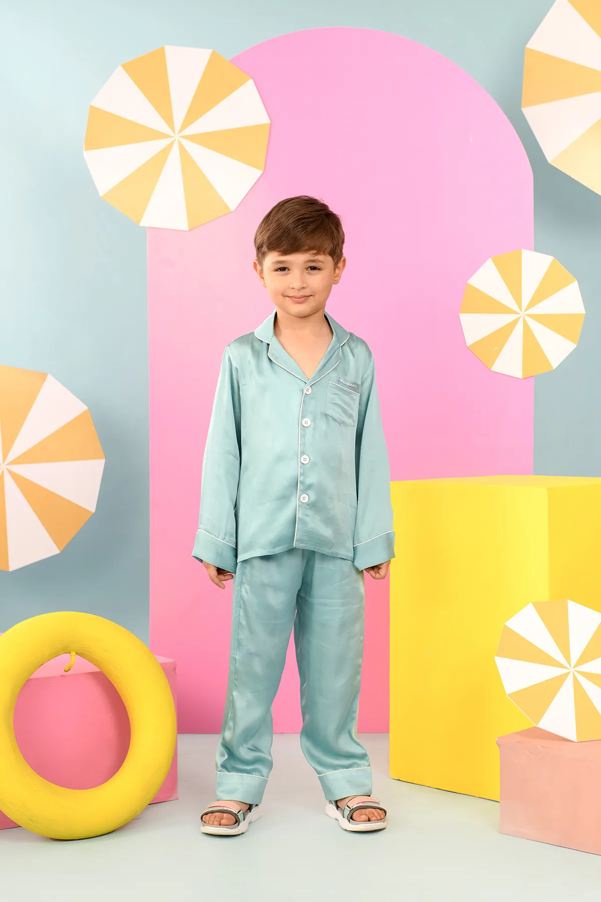 Cerulean- Blue Name Customisation German Satin Coord Set For Boys