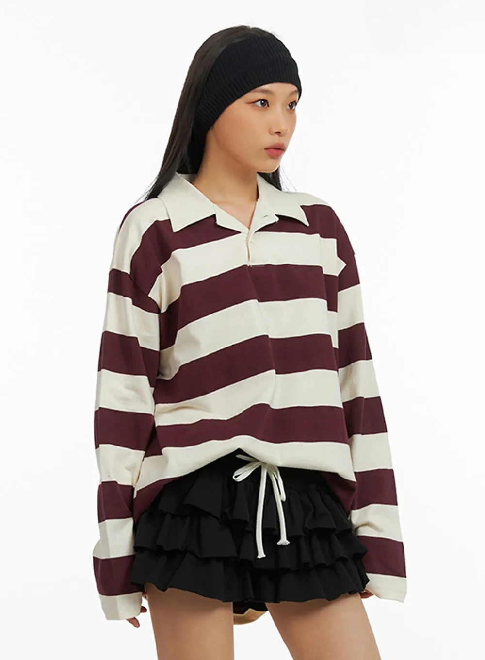 Collar Stripe Oversized Polo Shirt IA417