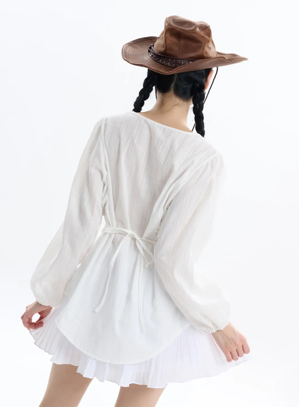 Collarless Bowknot Long Sleeve Blouse IF413