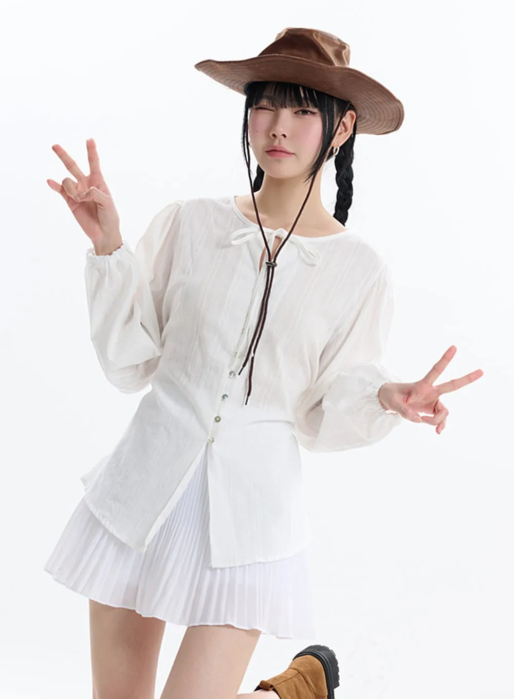 Collarless Bowknot Long Sleeve Blouse IF413