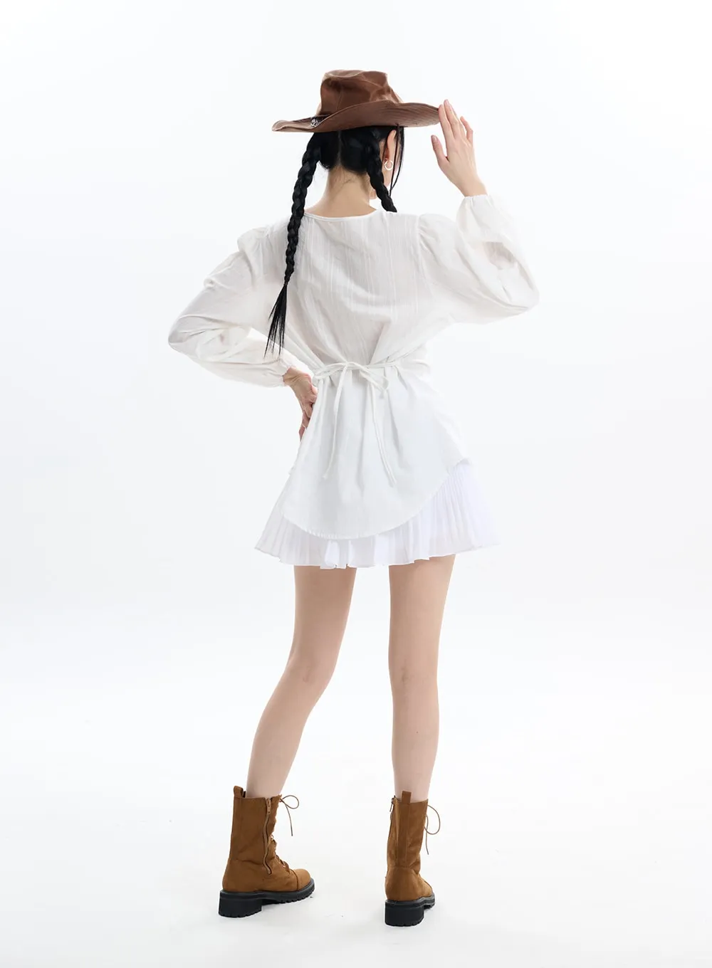 Collarless Bowknot Long Sleeve Blouse IF413