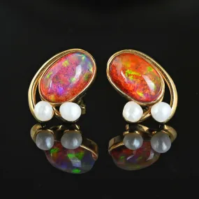 Contemporary Natural Pearl Large Fire Opal Stud Earrings