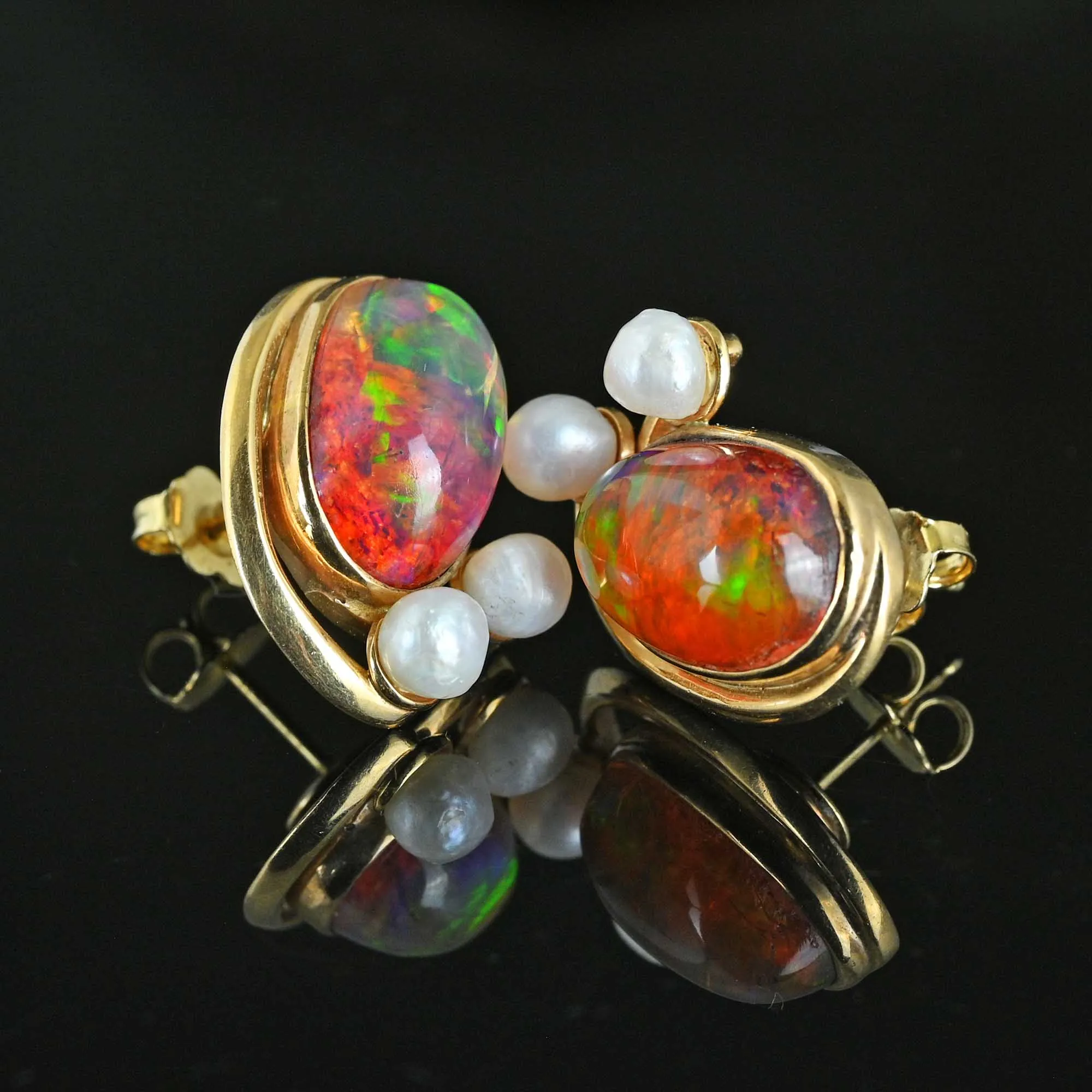 Contemporary Natural Pearl Large Fire Opal Stud Earrings