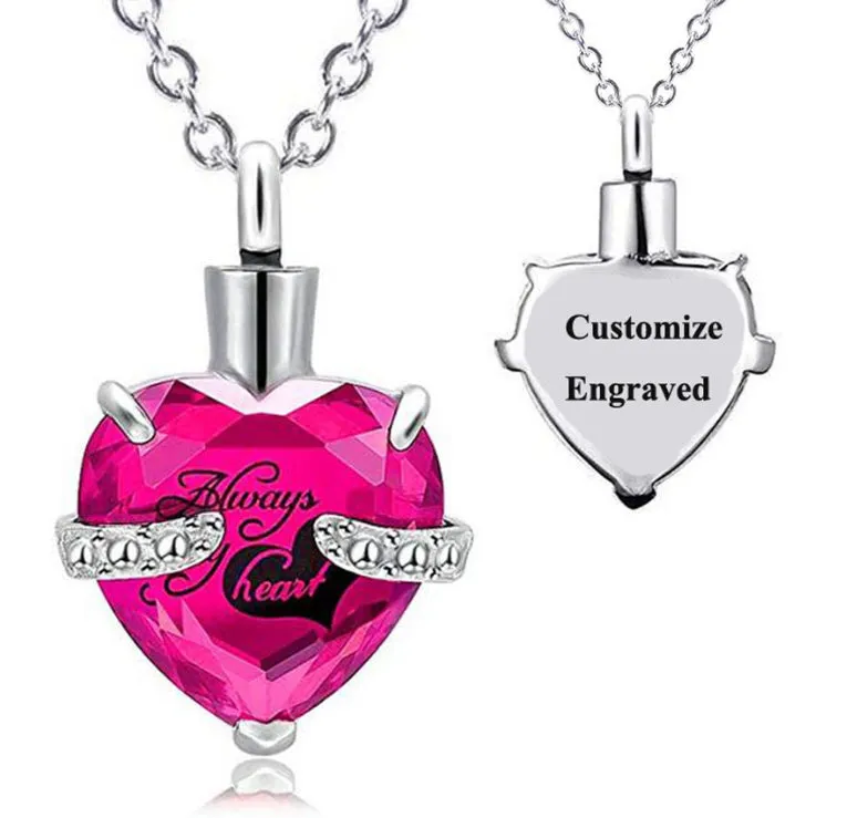 Custom Engraved Ashes Urn Necklace Birthstone Heart-shaped Month Birthday Stone Keepsakes for Ashes Cremation Jewelry