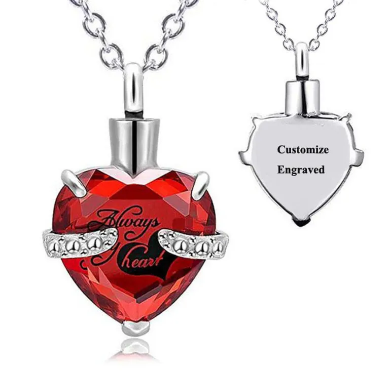 Custom Engraved Ashes Urn Necklace Birthstone Heart-shaped Month Birthday Stone Keepsakes for Ashes Cremation Jewelry