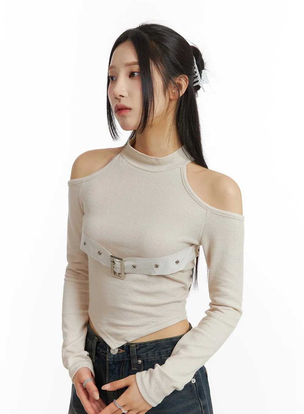 Cut-Out Turtle Neck Belt Crop Top CJ416