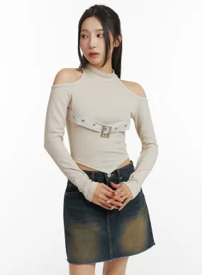 Cut-Out Turtle Neck Belt Crop Top CJ416