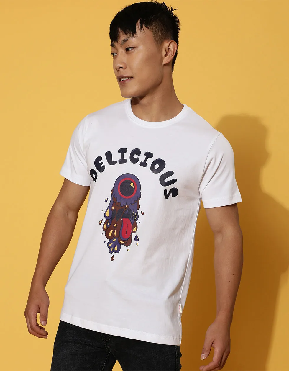 Delicious Regular-Fit Printed White Chest Graphic Printed Tshirt