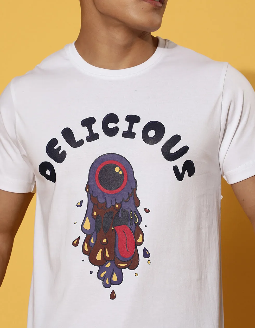 Delicious Regular-Fit Printed White Chest Graphic Printed Tshirt