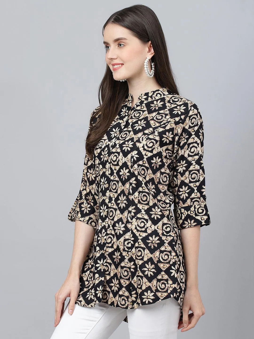 Divena Black Floral printed Rayon A-line Shirts Style Top