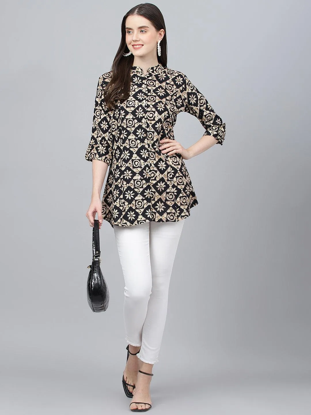 Divena Black Floral printed Rayon A-line Shirts Style Top