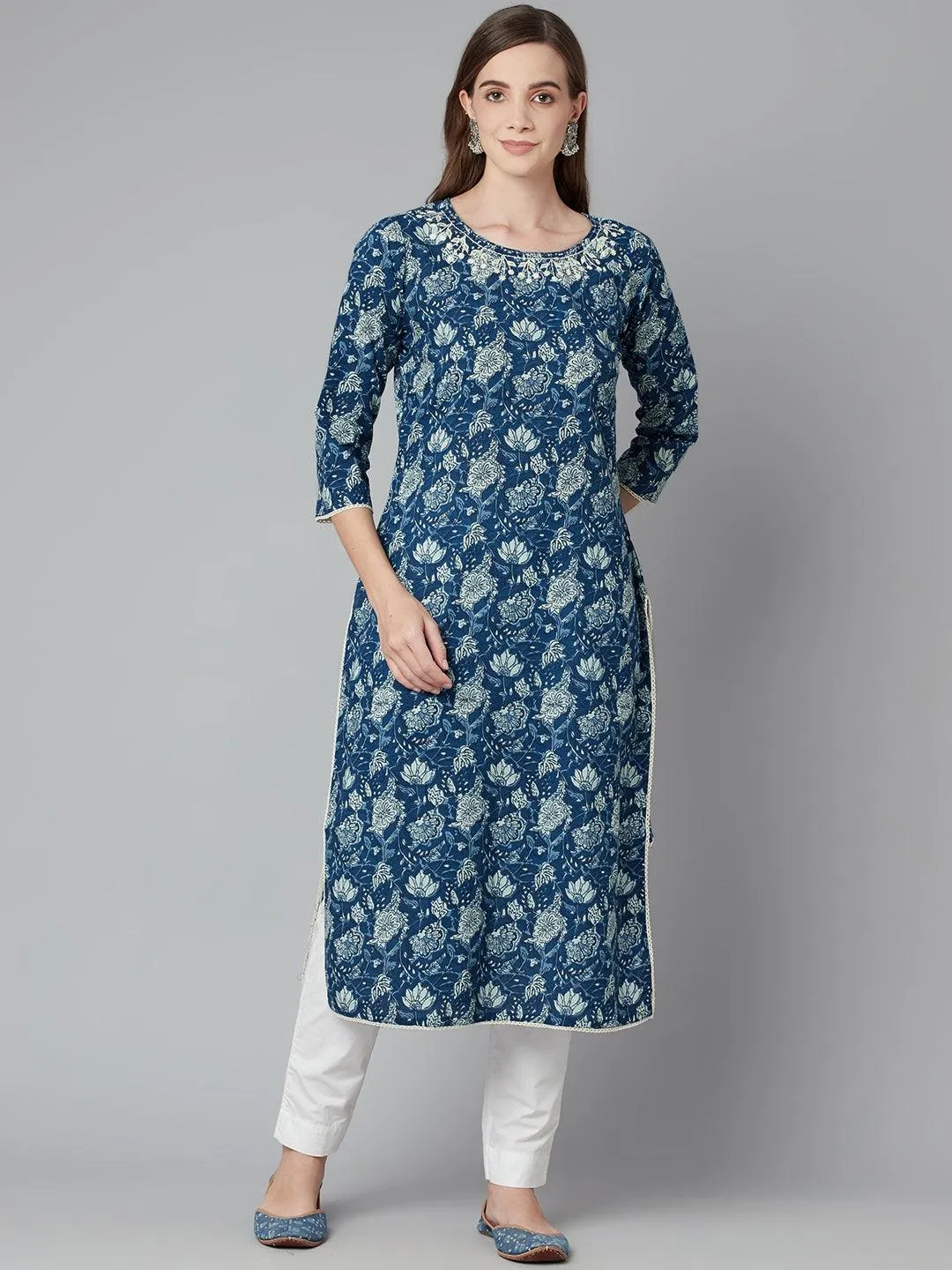 Divena Blue Floral Straight kurta