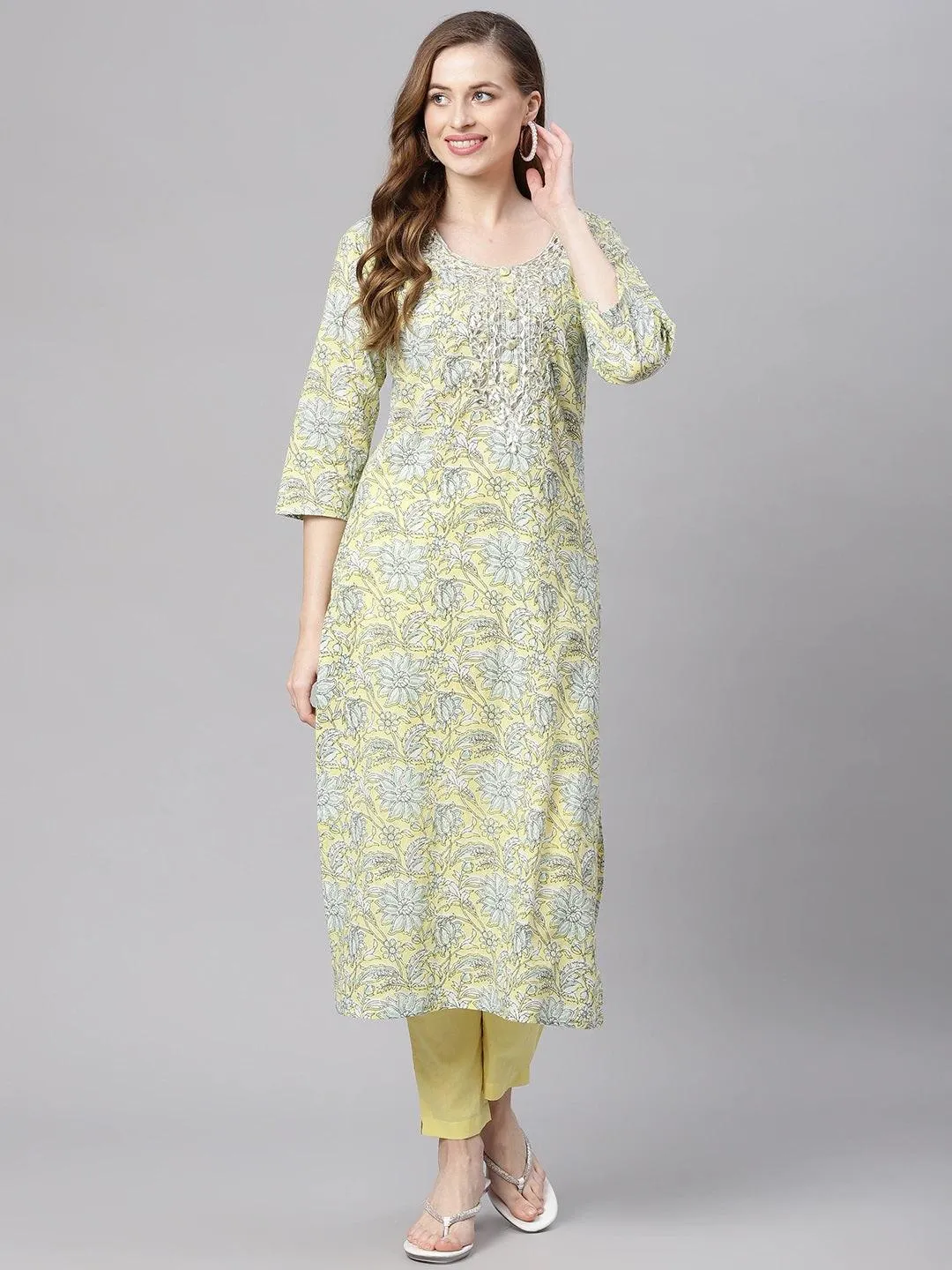 Divena  yellow Cotton Straight Kurta pant set