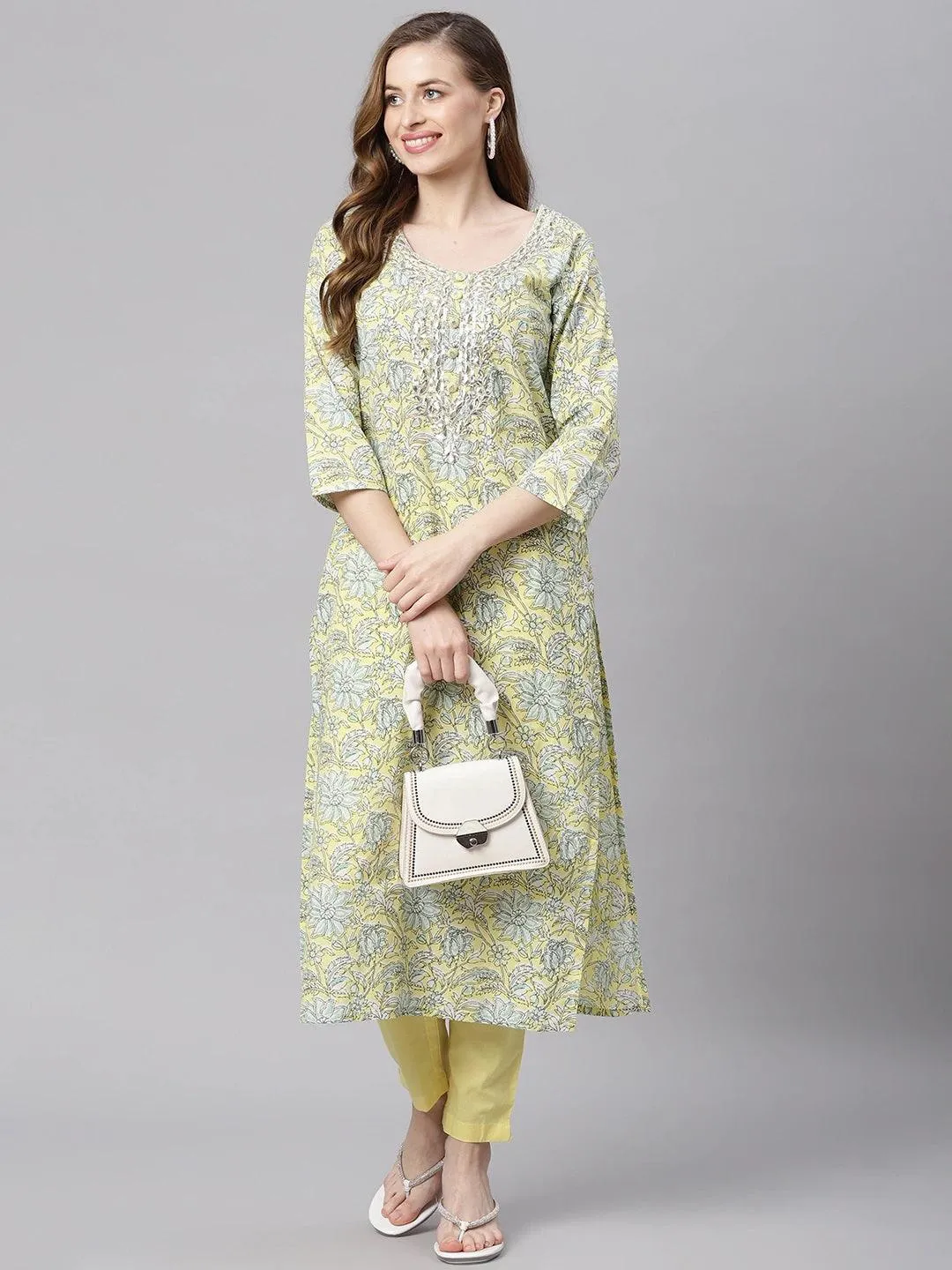 Divena  yellow Cotton Straight Kurta pant set