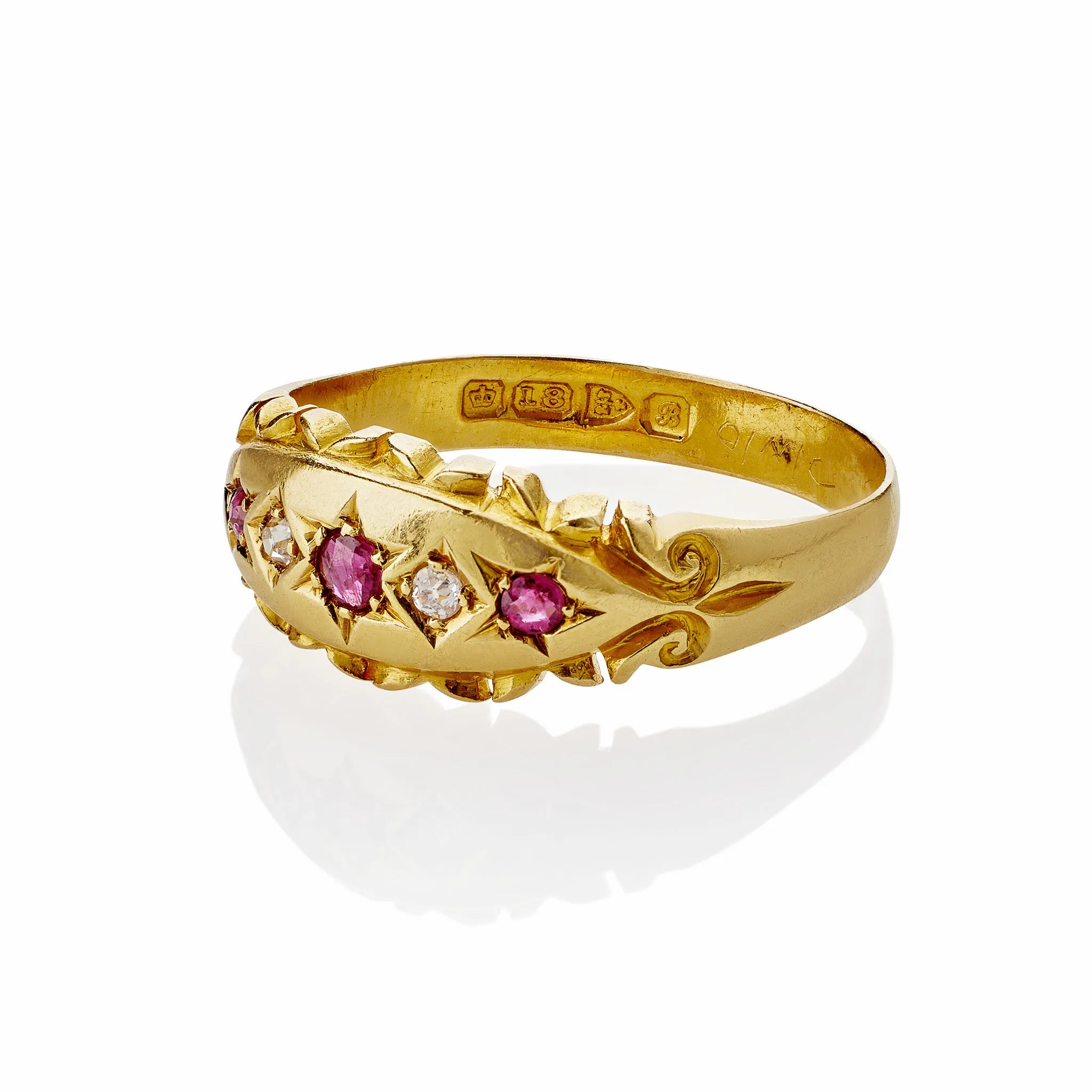 English Antique Ruby and Diamond Five Stone Ring