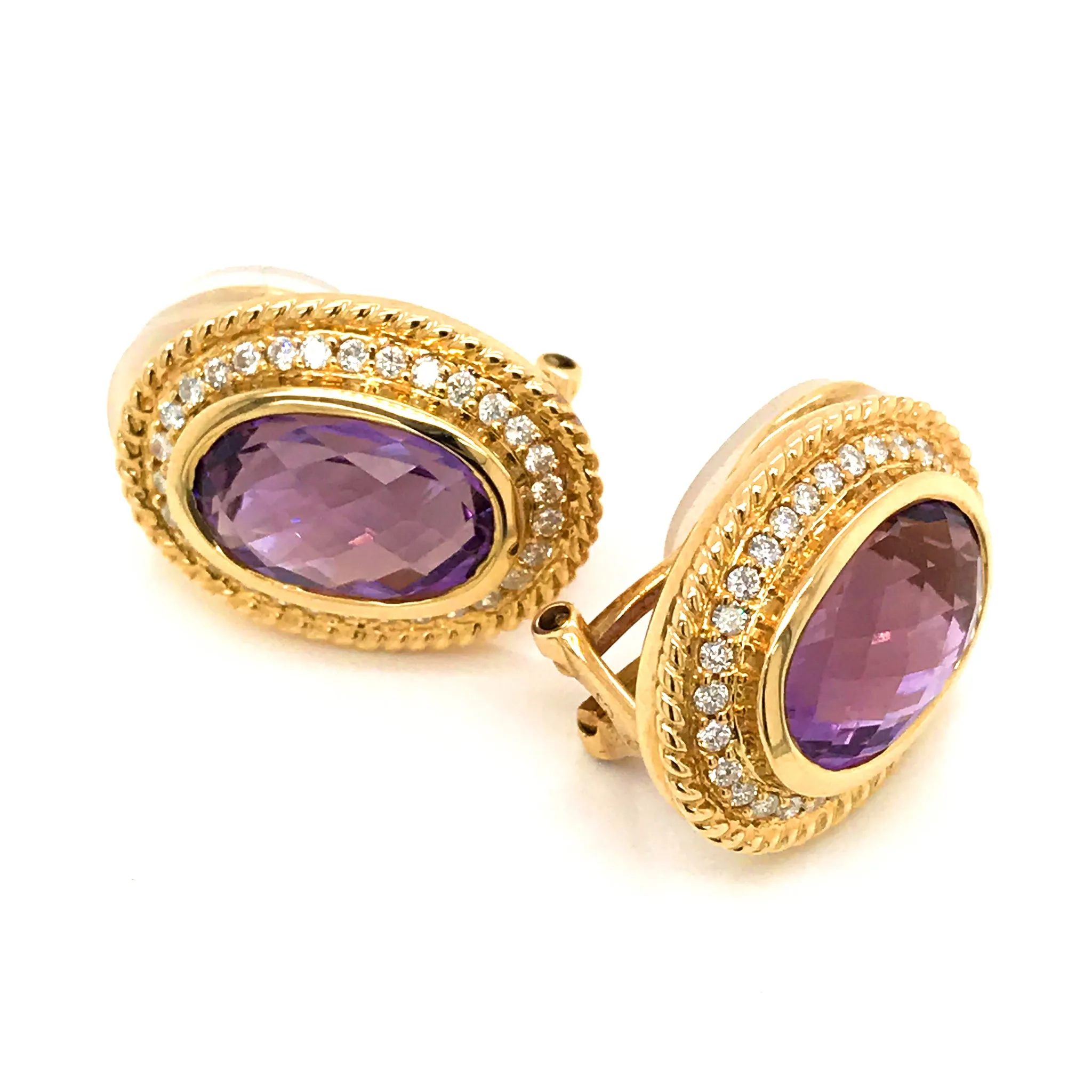 Estate 14K Yellow Gold Amethyst and Diamond Earrings