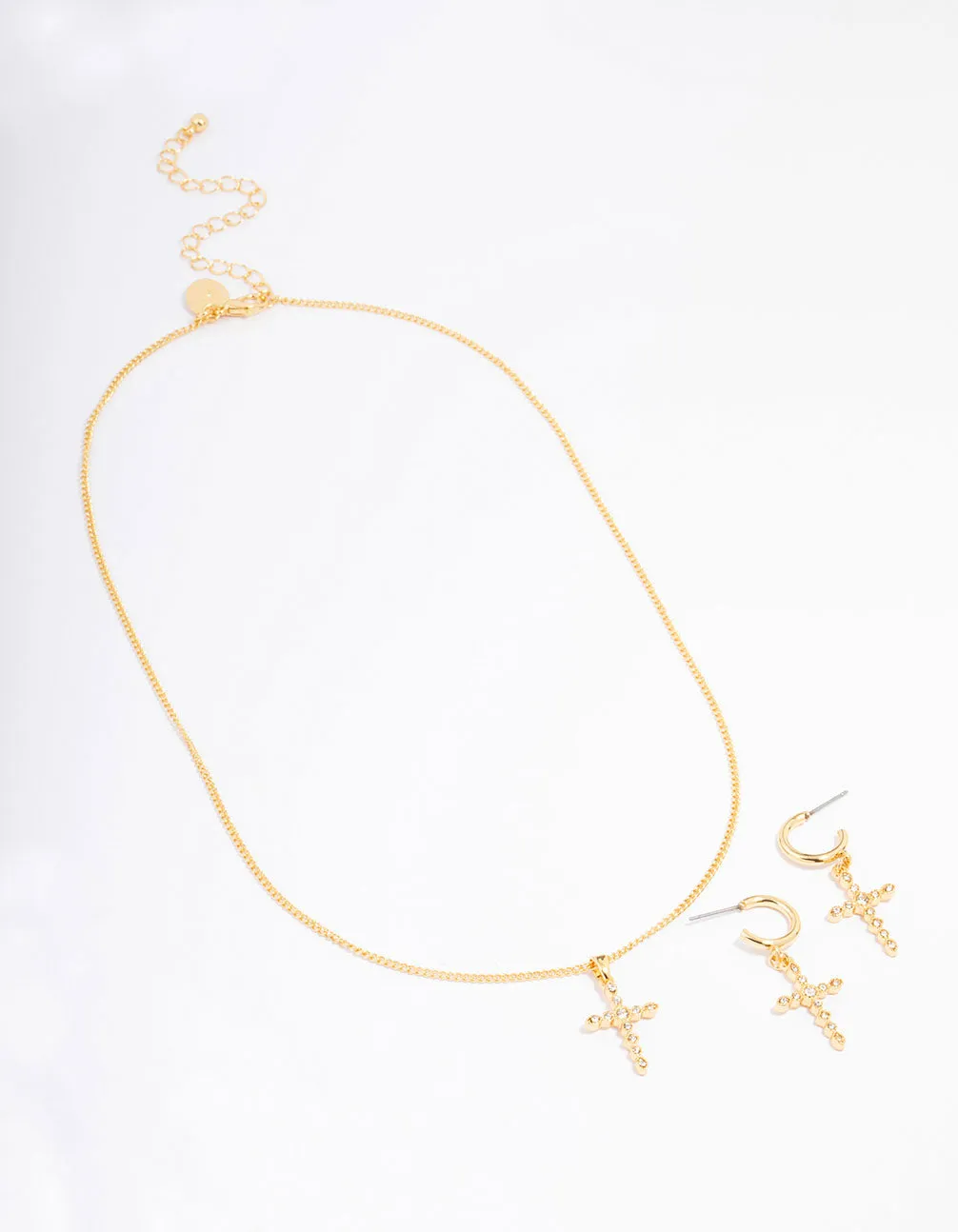 Gold Plated Textured Cubic Zirconia Cross Necklace & Earring Jewellery Set