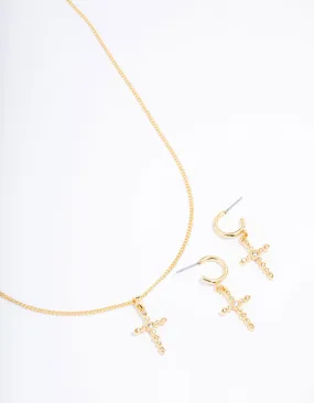 Gold Plated Textured Cubic Zirconia Cross Necklace & Earring Jewellery Set