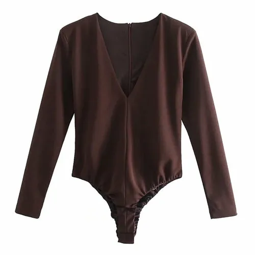 High Street Solid Color Bodysuits Sexy Deep V Neck Long Sleeve Rompers