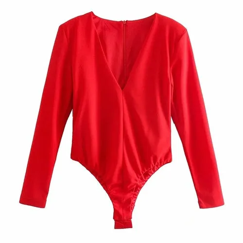 High Street Solid Color Bodysuits Sexy Deep V Neck Long Sleeve Rompers