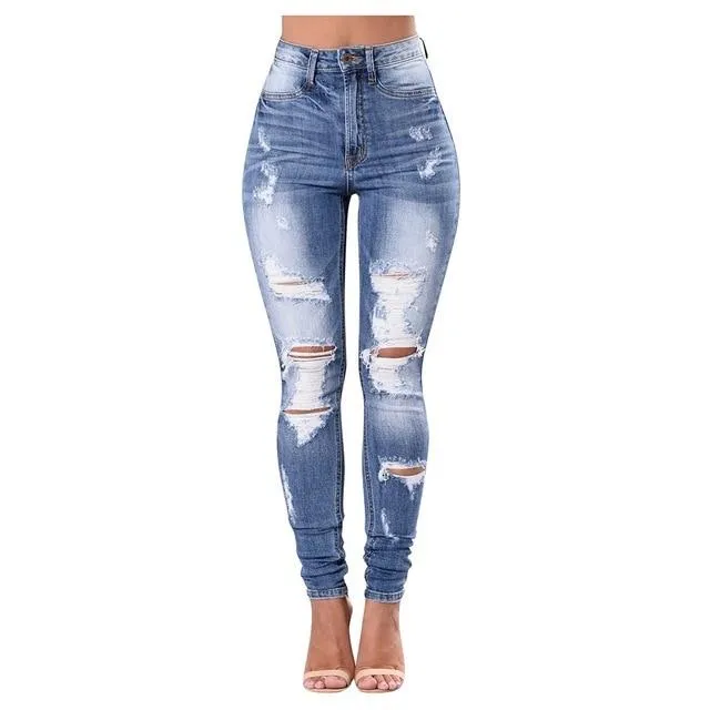 High Waist Jeans Denim Hole Button