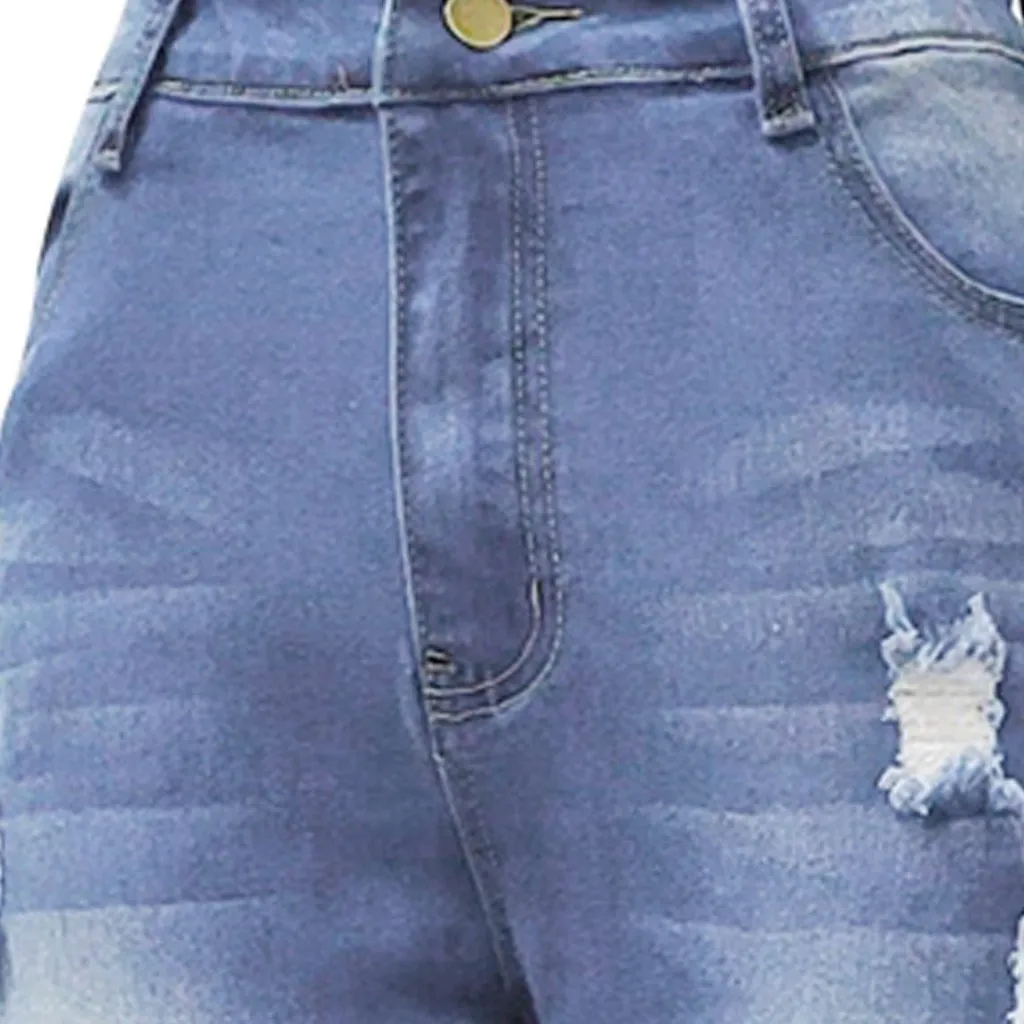 High Waist Jeans Denim Hole Button