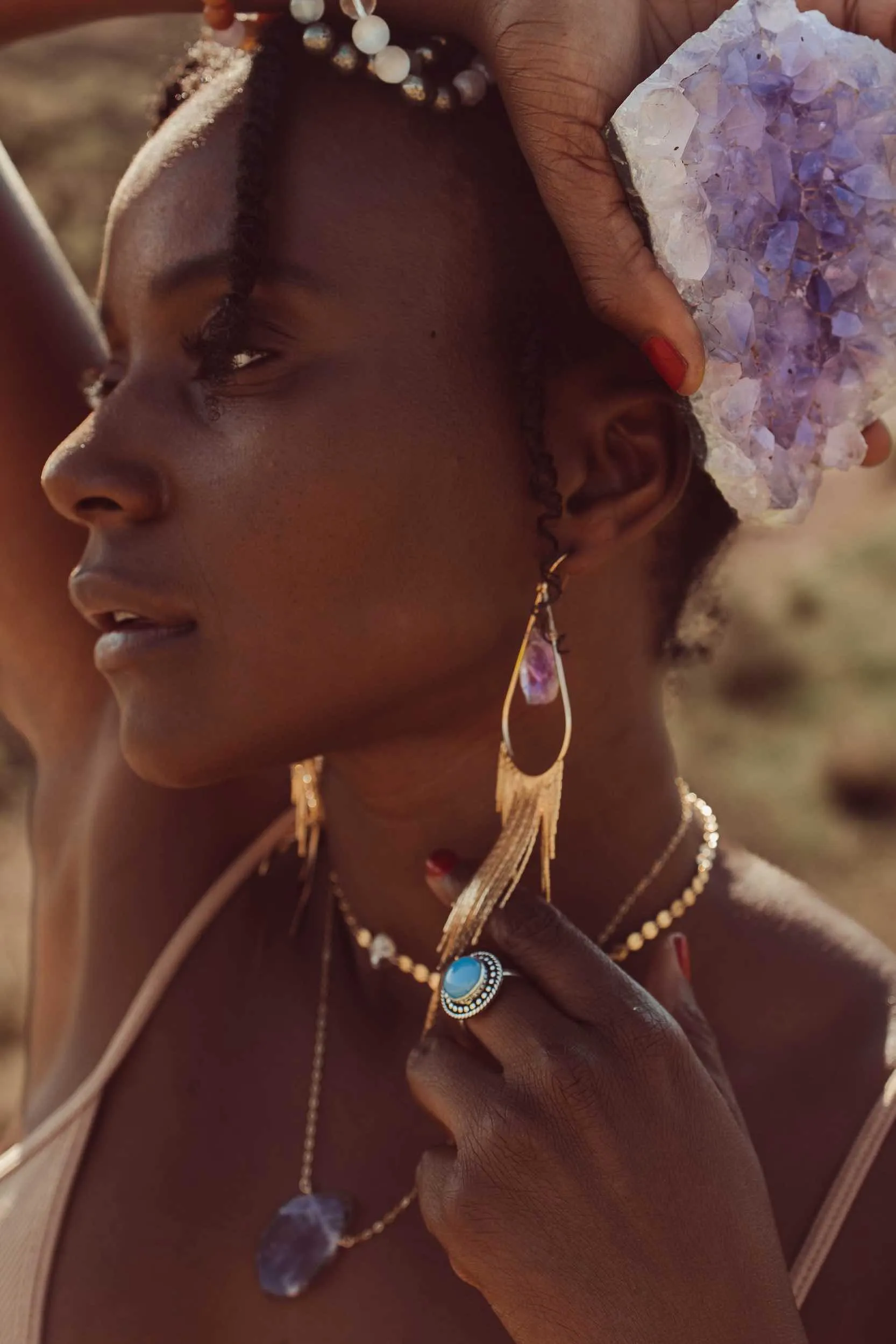 Intuition Amethyst Crystal Gold Fringe Earrings