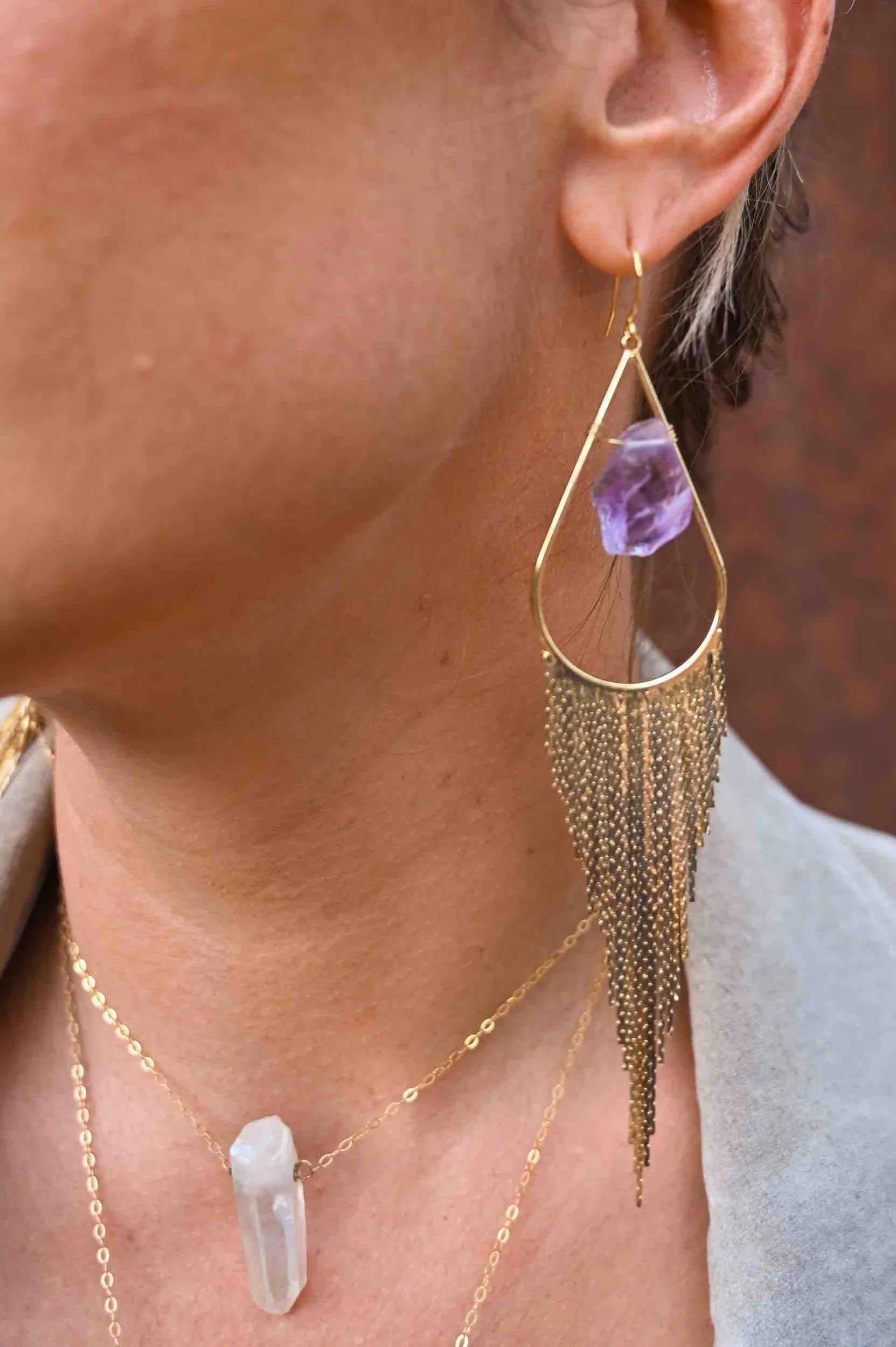 Intuition Amethyst Crystal Gold Fringe Earrings