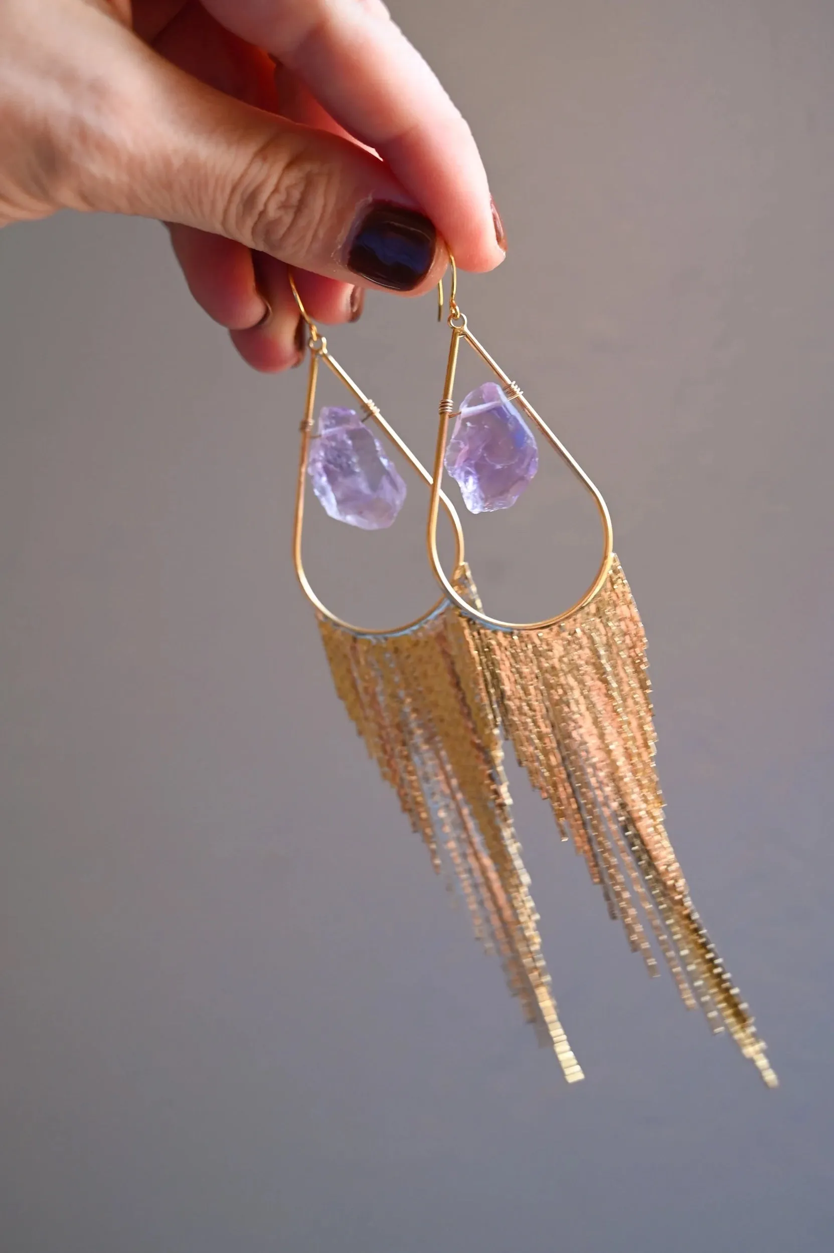 Intuition Amethyst Crystal Gold Fringe Earrings