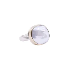 JAMIE JOSEPH STERLING SILVER AND 14K YELLOW GOLD ASYMMETRICAL CULTURED PEARL RING