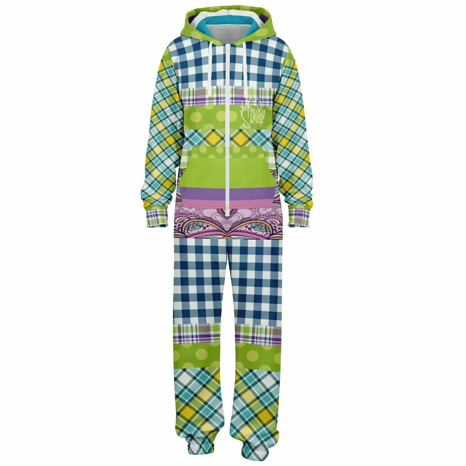 Kaleido-Scape Purple Plaid Patchwork Fleece Unisex Romper