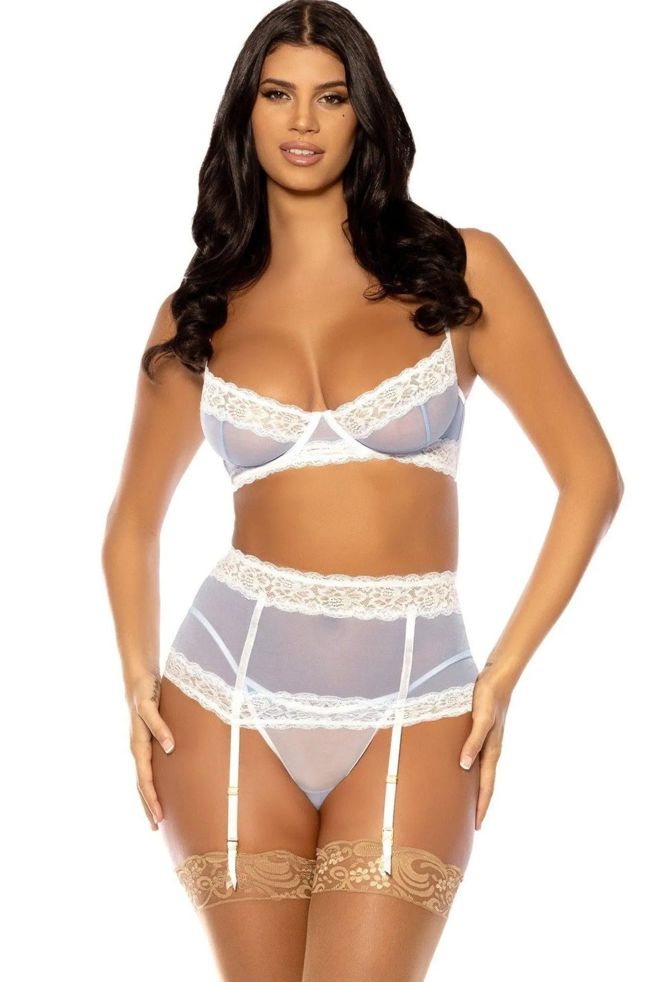 Lace Edge Peek-A-Boo Bra and Garter Set with Decorative Keyholes | White