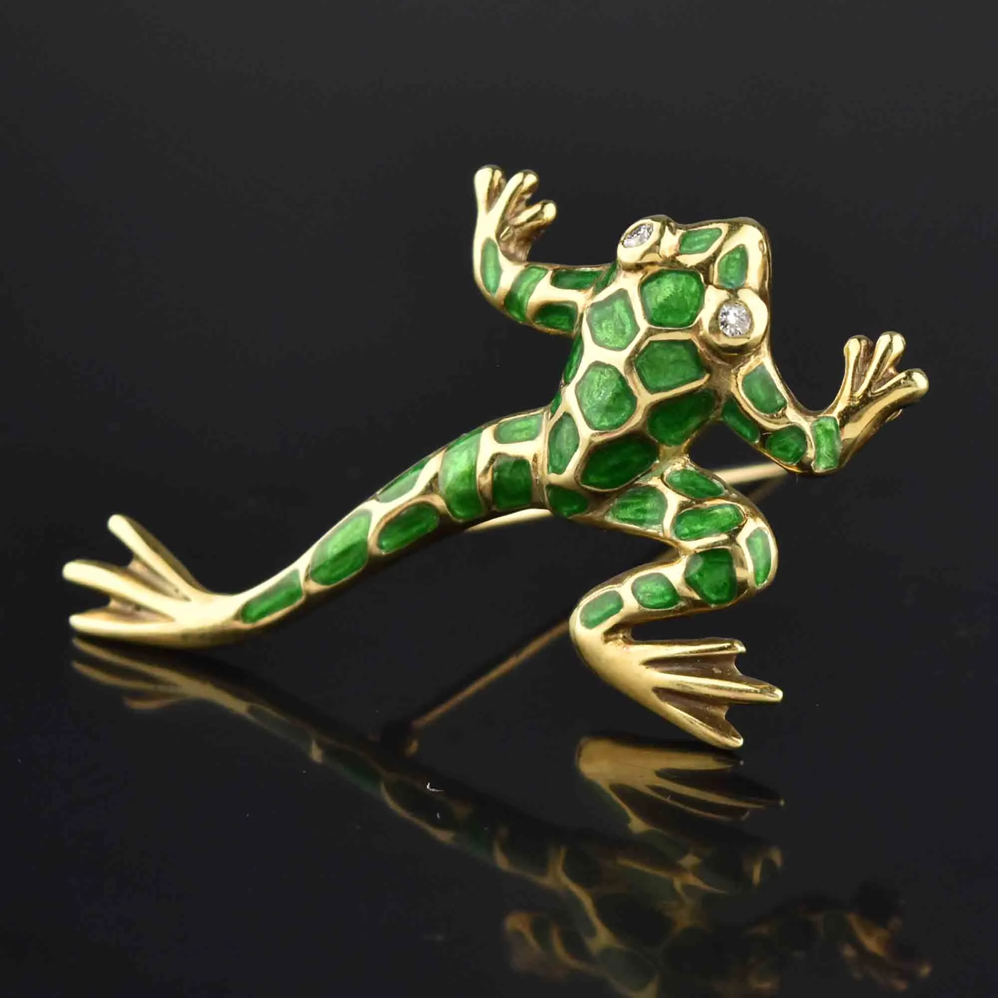 Large 14K Gold Green Enamel Diamond Frog Brooch