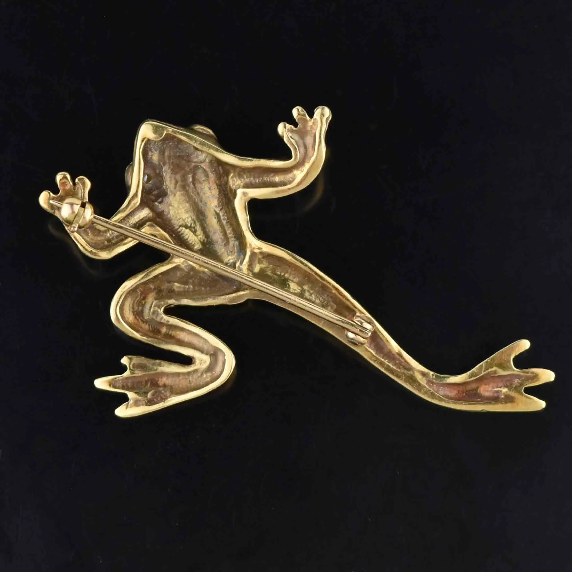 Large 14K Gold Green Enamel Diamond Frog Brooch