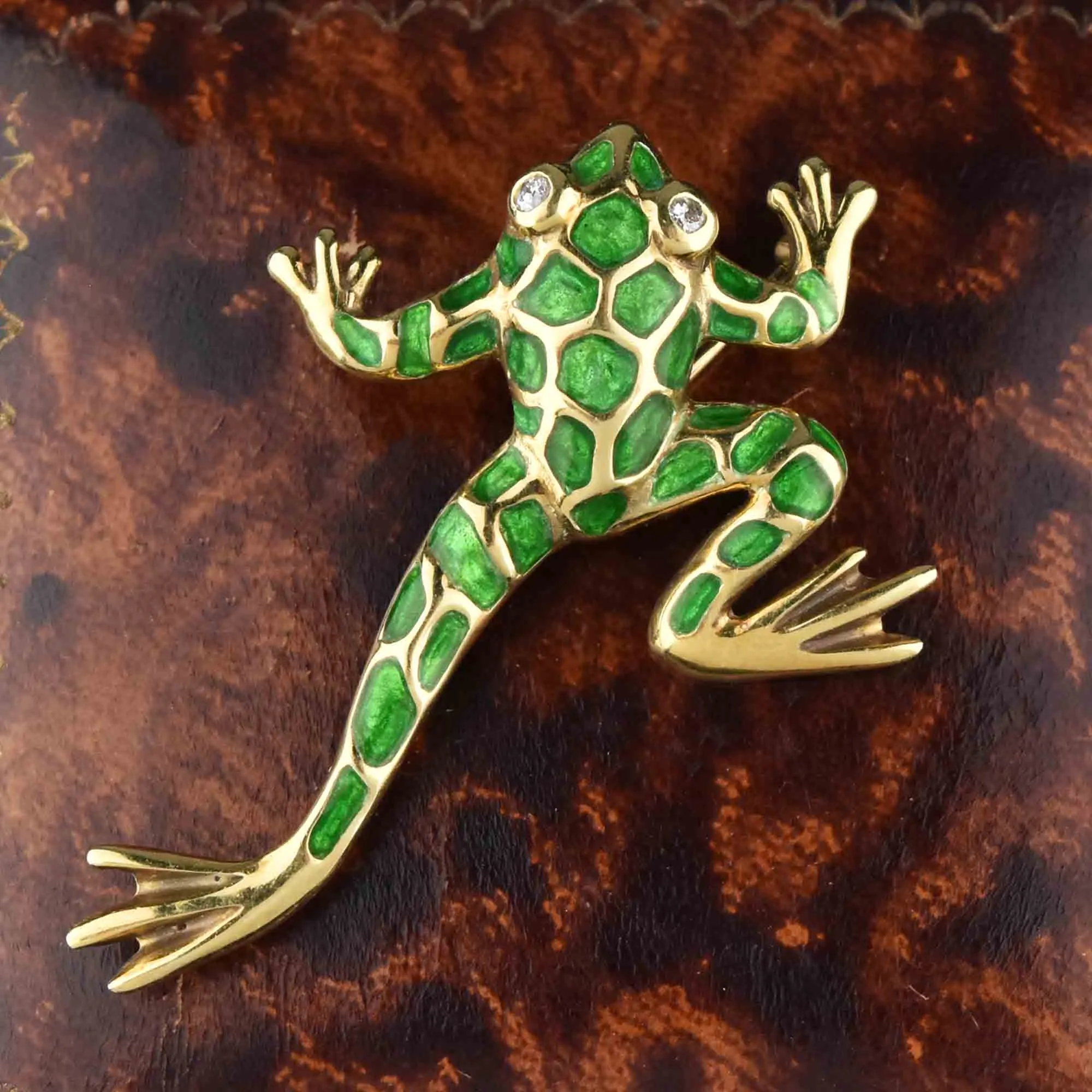 Large 14K Gold Green Enamel Diamond Frog Brooch