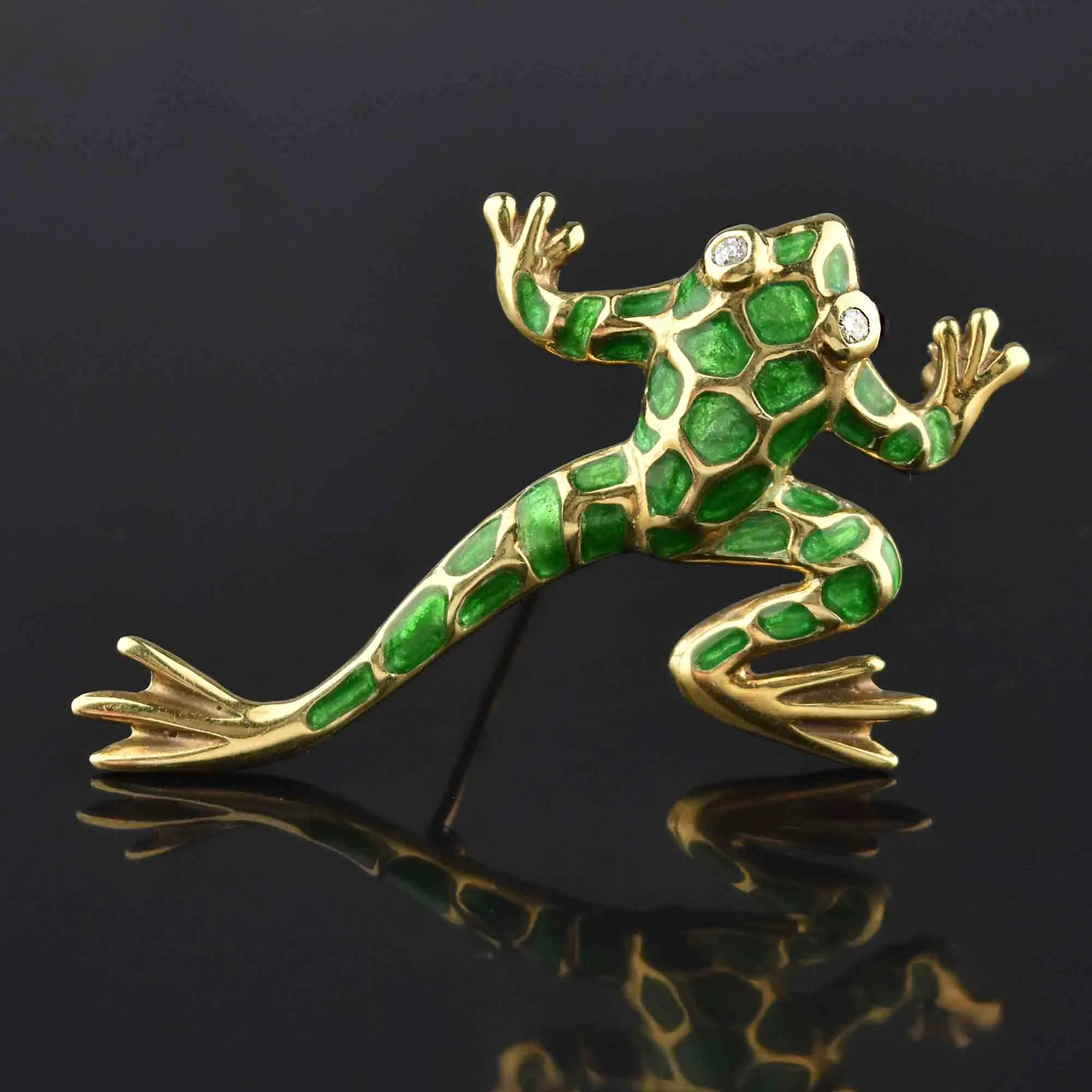 Large 14K Gold Green Enamel Diamond Frog Brooch